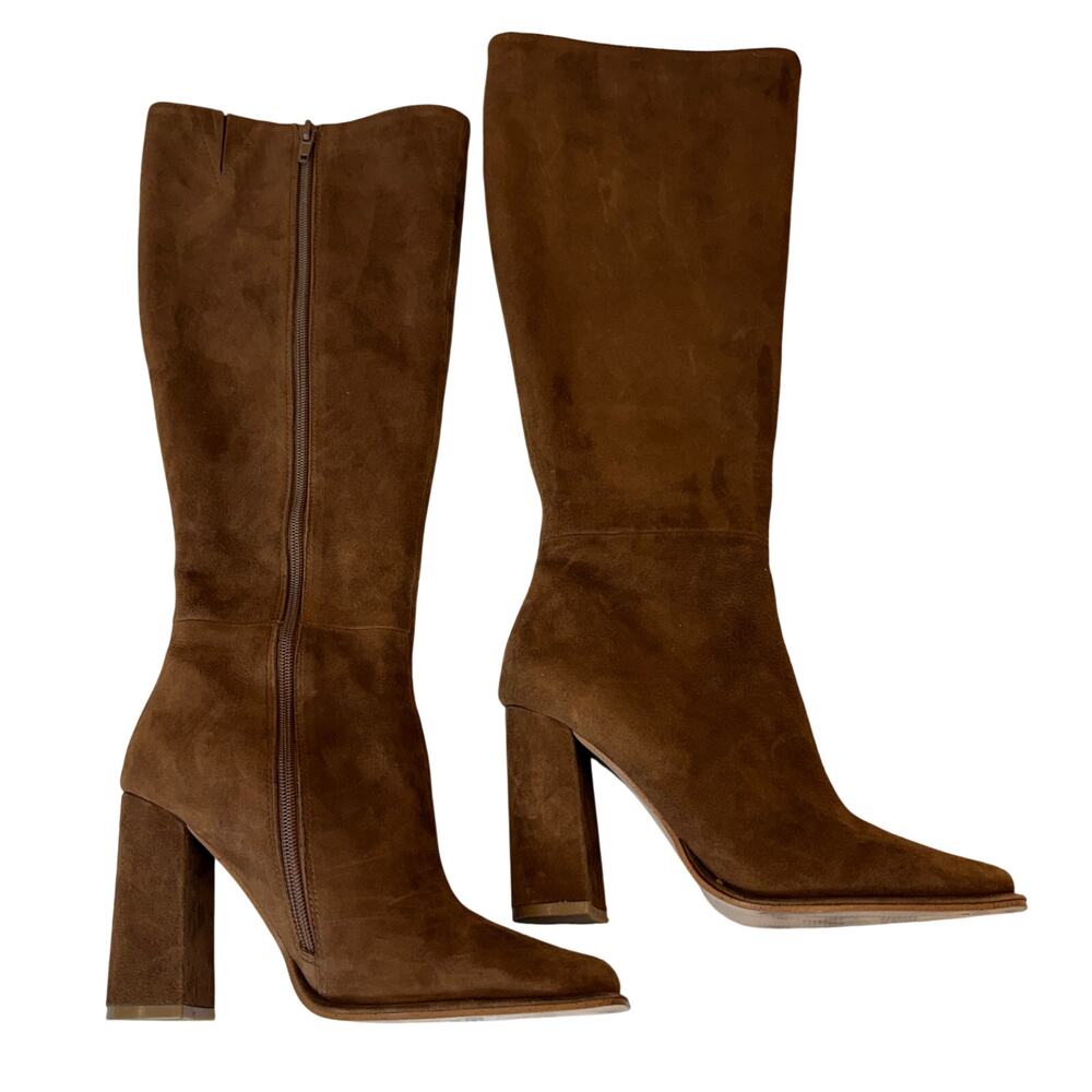 Aqua Brown Leather Square Toe Block Heel Tall Boot Size 7